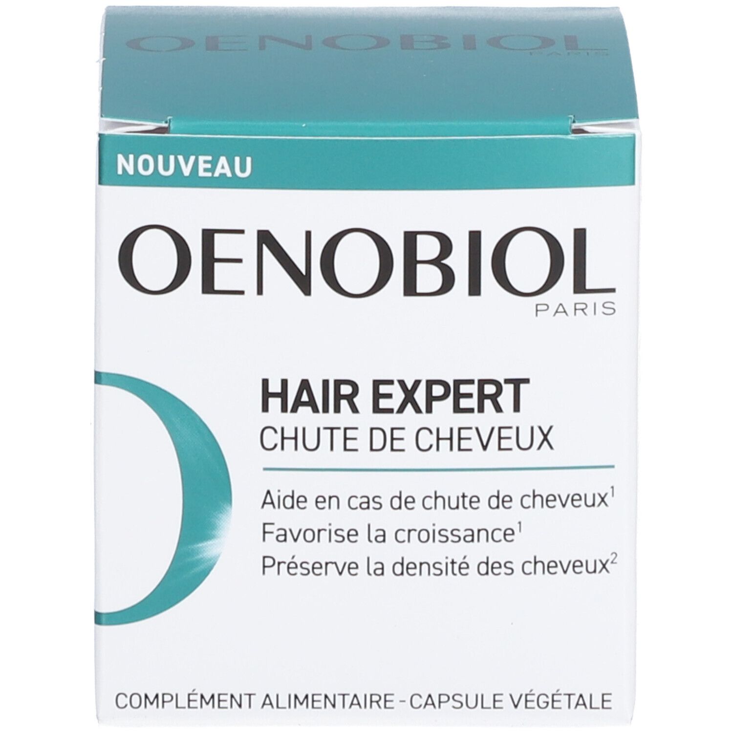 OENOBIOL-Produktverpackung mit Schachtel. Aufschrift: HAIR EXPERT, Chute de cheveux, Complément alimentaire - Capsule végétale.