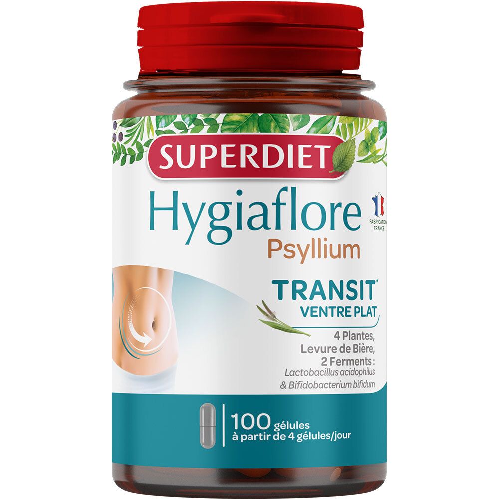 Flacon brun, bouchon rouge. Inscription: SUPERDIET Hygiaflore, Psyllium, Transit Ventre Plat. 100 gélules.
