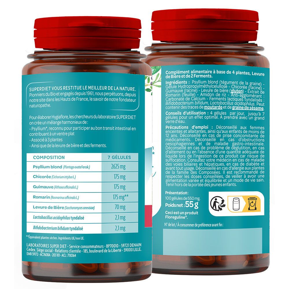 Dos du flacon. Ingrédients, instructions et informations nutritionnelles. SUPERDIET Hygiaflore. 100 gélules.