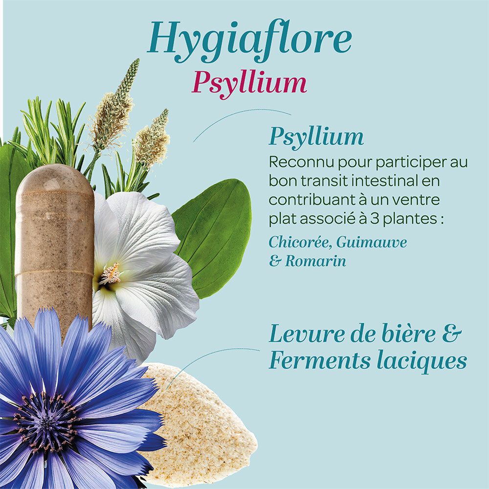 Gélule à côté de plantes et fleurs. Texte: Hygiaflore Psyllium. Levure de bière & Ferments laciques.