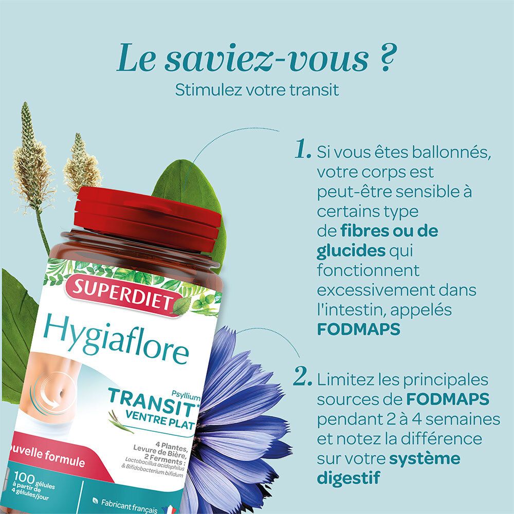 Flacon avec bouchon rouge. Texte: SUPERDIET Hygiaflore, Transit Ventre Plat. Informations sur les FODMAPS.