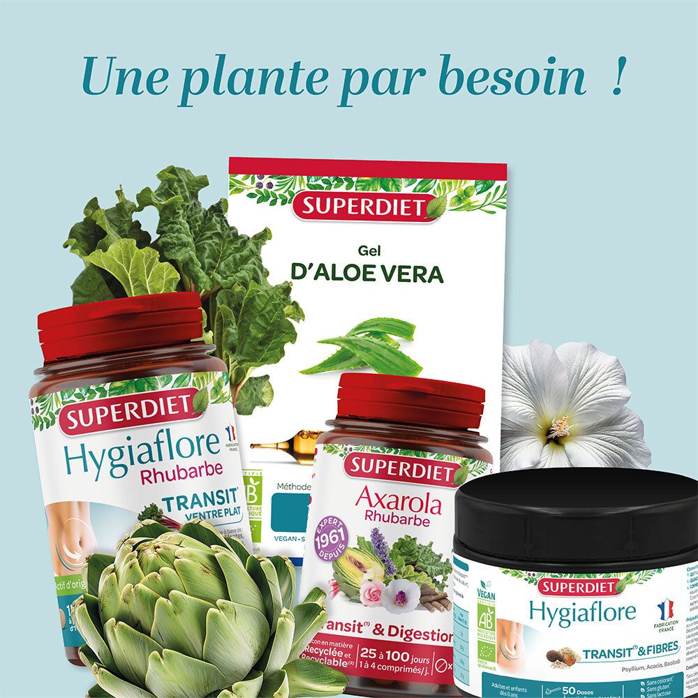Trois produits: SUPERDIET Hygiaflore, Gel d'Aloe Vera, Axarola. Différents emballages et formes.