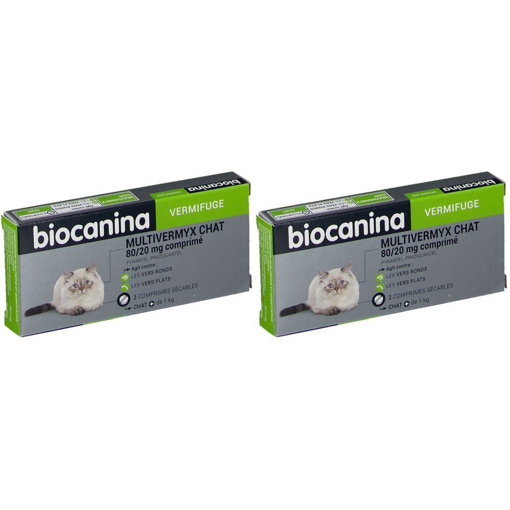 Zwei Schachteln mit dem Produkt "biocanina MULTIVERMYX CHAT". Aufdrucke: "VERMIFUGE", "80/20 mg comprime". Abbildung einer Katze.