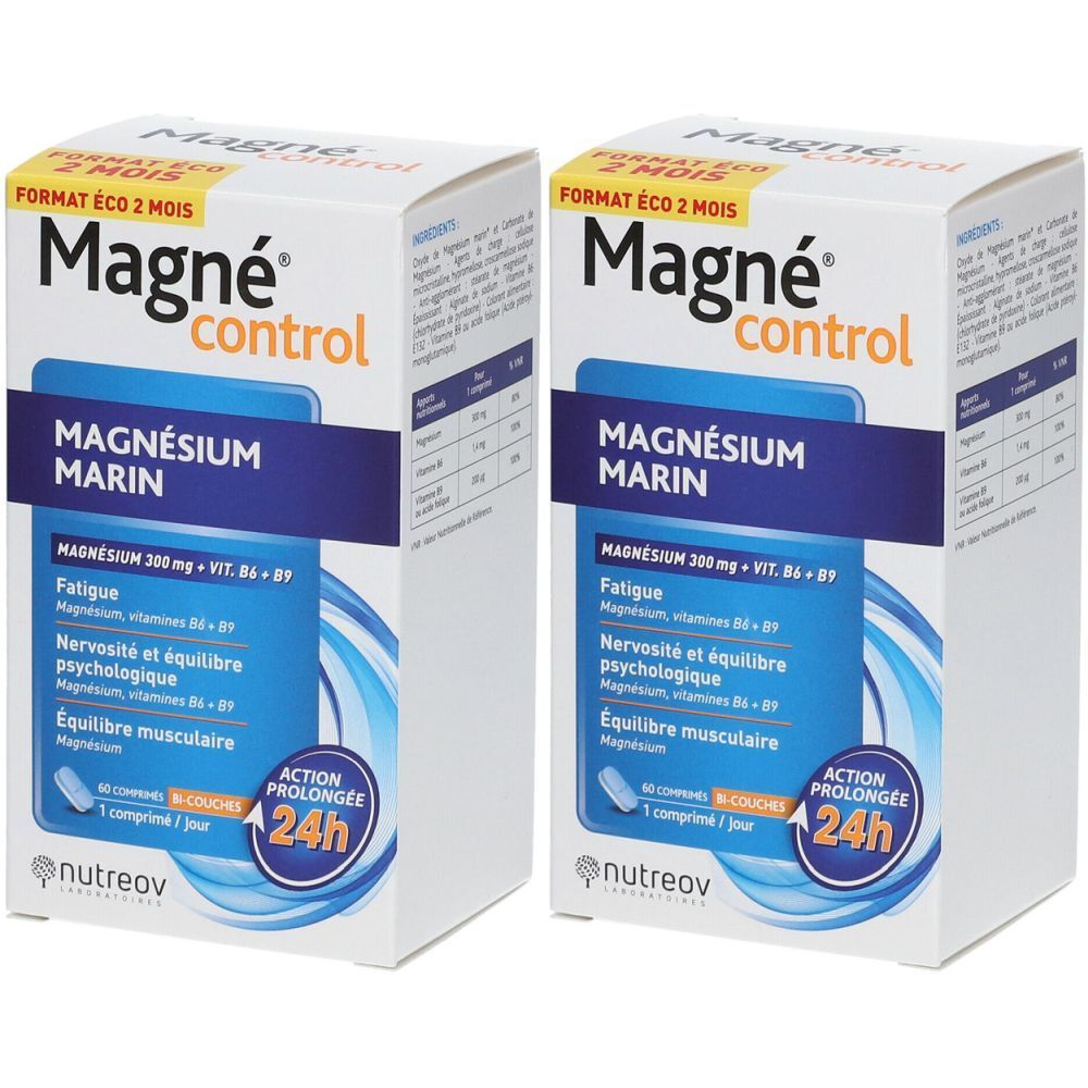 Deux boîtes blanches avec texte bleu et jaune. Inscription: Magné Control, Magnésium Marin, Action prolongée 24h. Marque: Nutreov.
