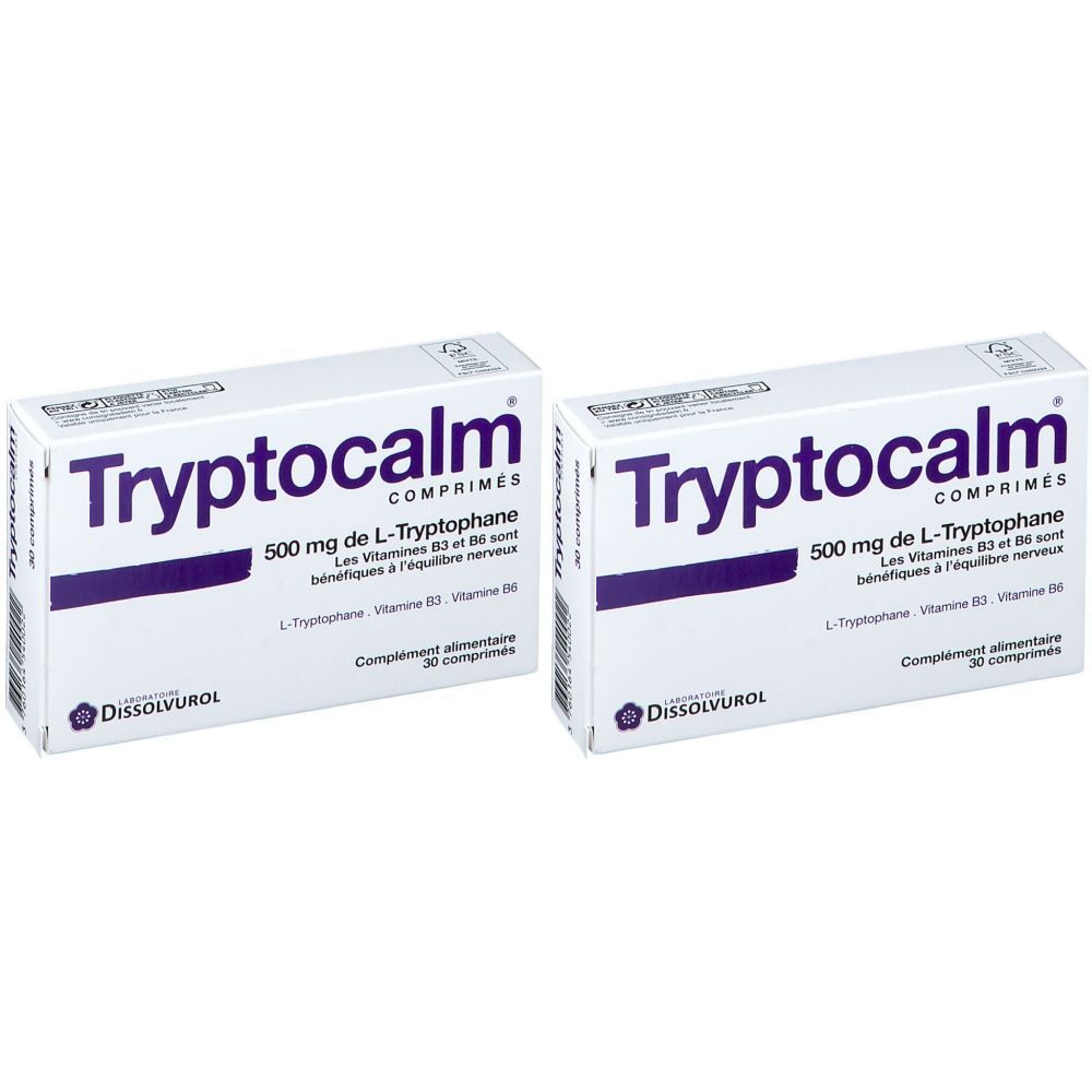 Deux boîtes de comprimés Tryptocalm. Inscription: 500 mg de L-Tryptophane, vitamines B3 et B6. Marque: Dissolvurol.