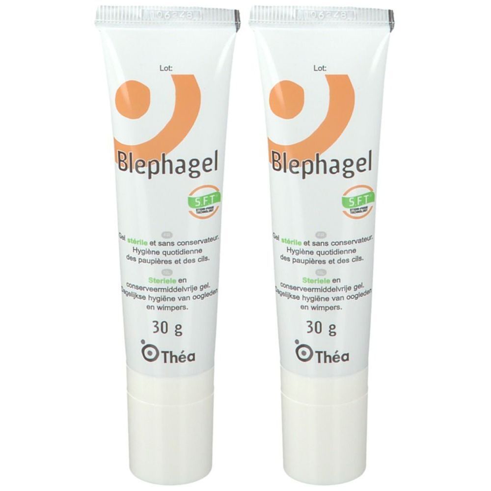Deux tubes de Blephagel. Tubes blancs avec logo et texte orange. Texte : 30 g, Théa. Certification SFT.