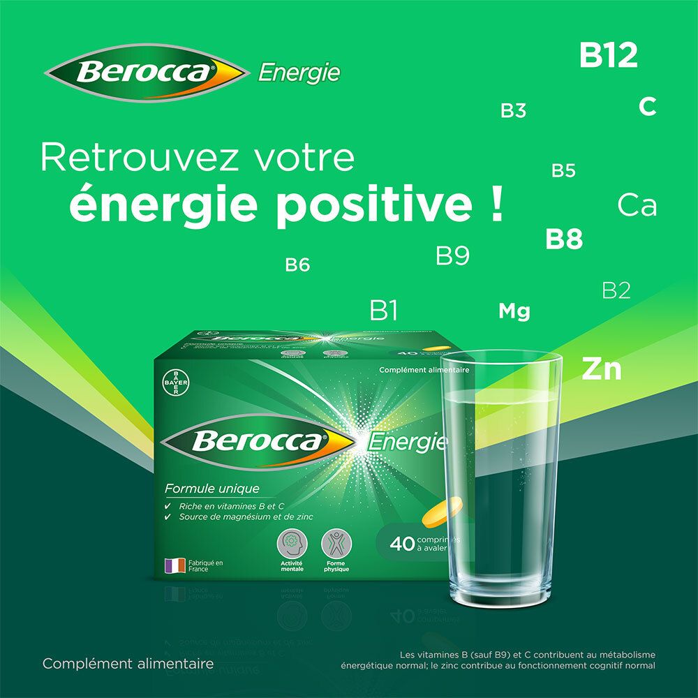 Publicité pour Berocca Energie. Texte : Retrouvez votre énergie positive ! Avec vitamines B, C, magnésium et zinc.