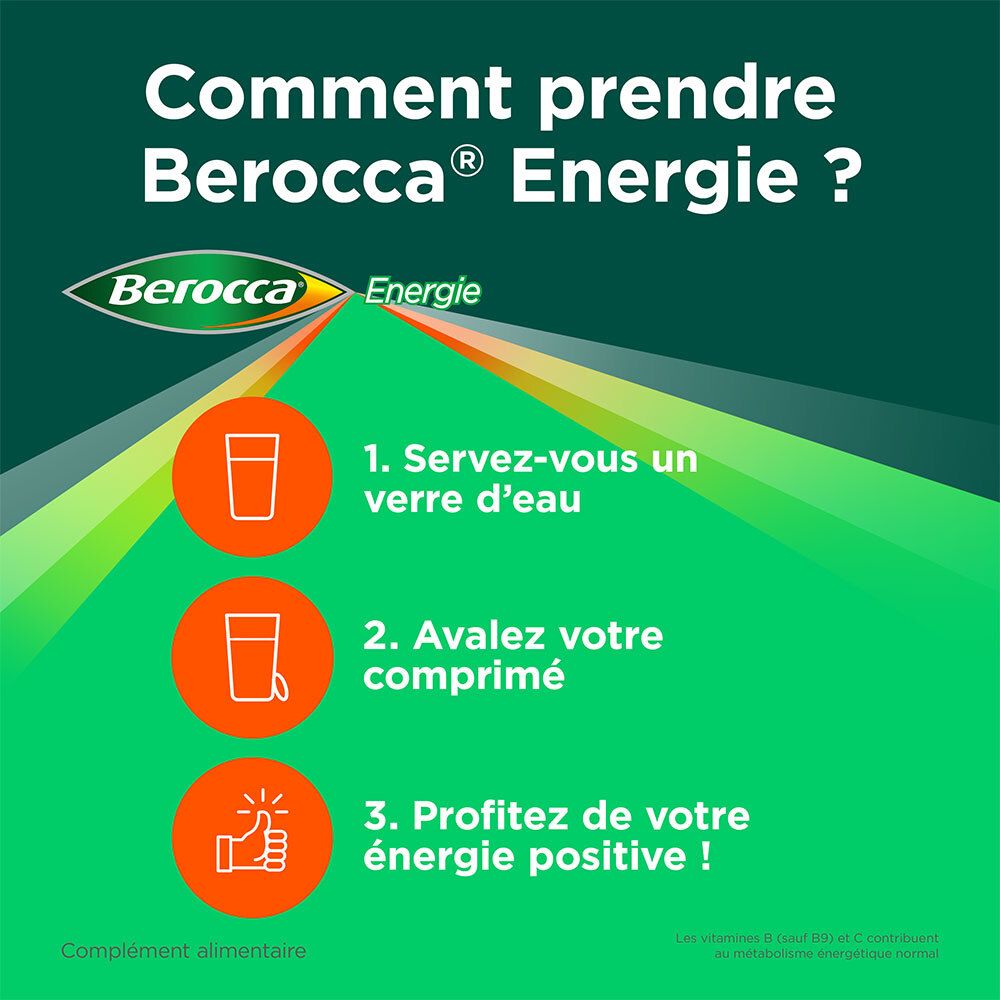 Publicité Berocca Energie. Comment prendre ? 1. Un verre d'eau. 2. Avalez votre comprimé. 3. Profitez de votre énergie !
