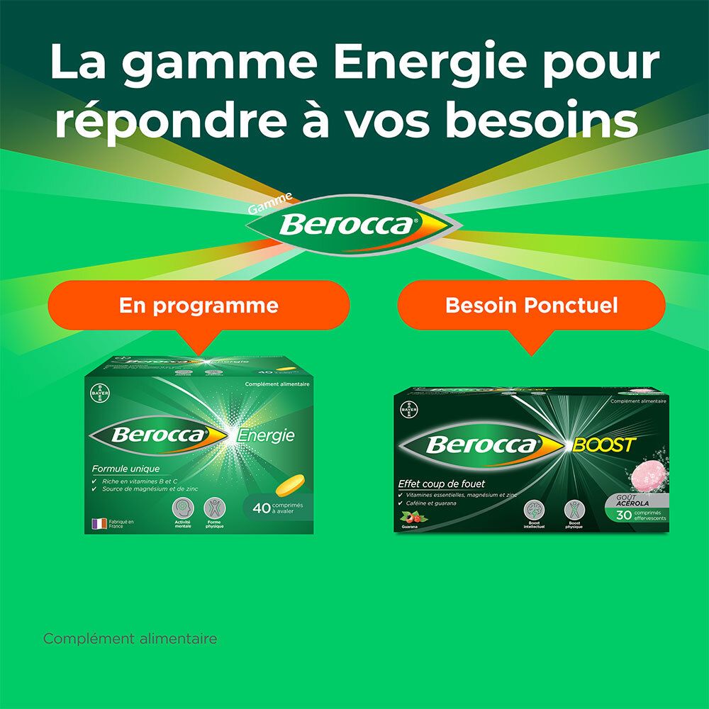 Publicité Berocca Energie. La gamme Energie pour répondre à vos besoins. En programme et besoin ponctuel.