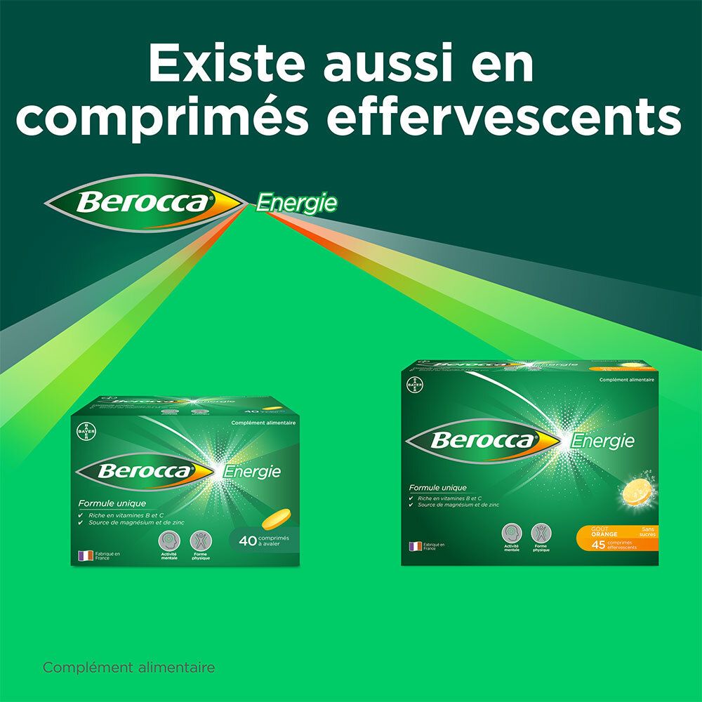 Publicité Berocca Energie. Existe aussi en comprimés effervescents. Deux boîtes de Berocca Energie.