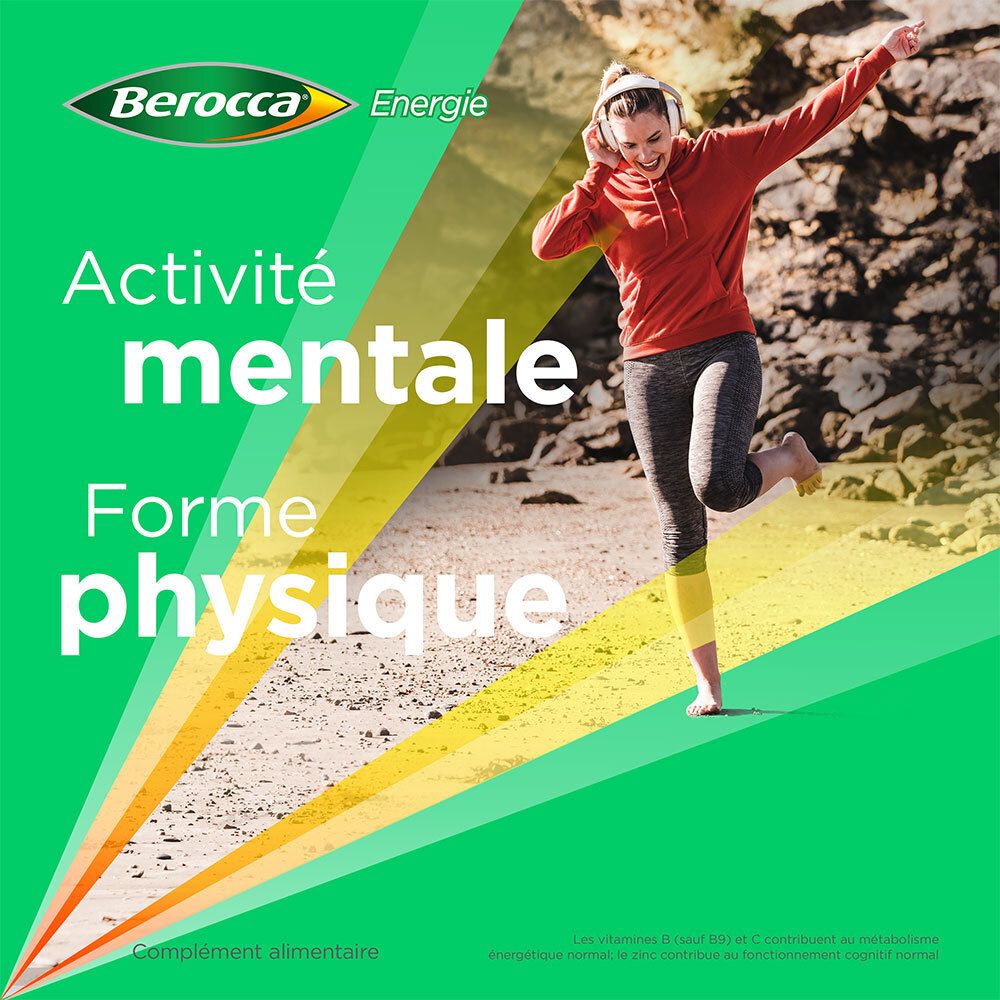 Publicité Berocca Energie. Texte : Activité mentale, forme physique.