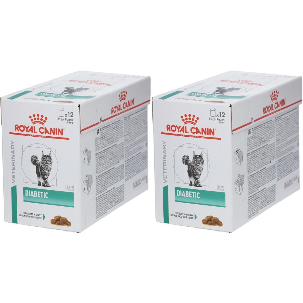Deux boîtes de ROYAL CANIN Diabetiker-Chat. Impression : chat, Diabétique, 12 sachets. Blanc avec des accents rouges et verts.