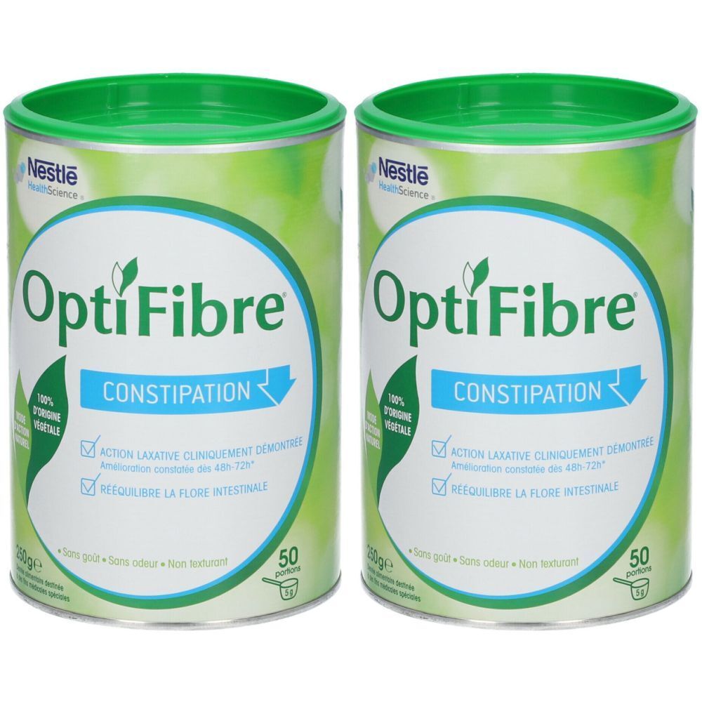 Deux boîtes de OptiFibre. Design vert et blanc. Inscription: OptiFibre, Constipation. Logo Nestlé. 50 portions.