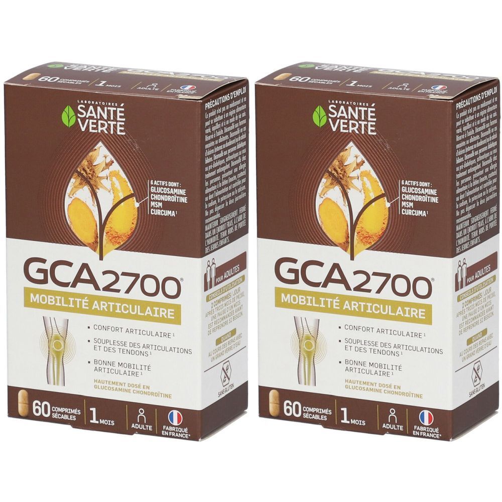 Deux boîtes de Santé Verte GCA 2700. Inscription: Mobilité Articulaire. Contient 60 comprimés. Fabriqué en France. Emballage brun et vert.