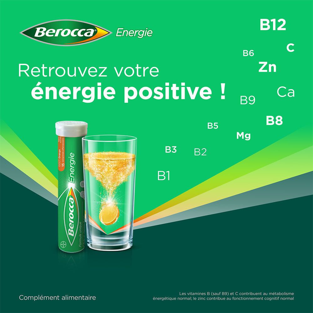 Verre avec liquide pétillant et comprimé. Texte: 'Retrouvez votre énergie positive!'