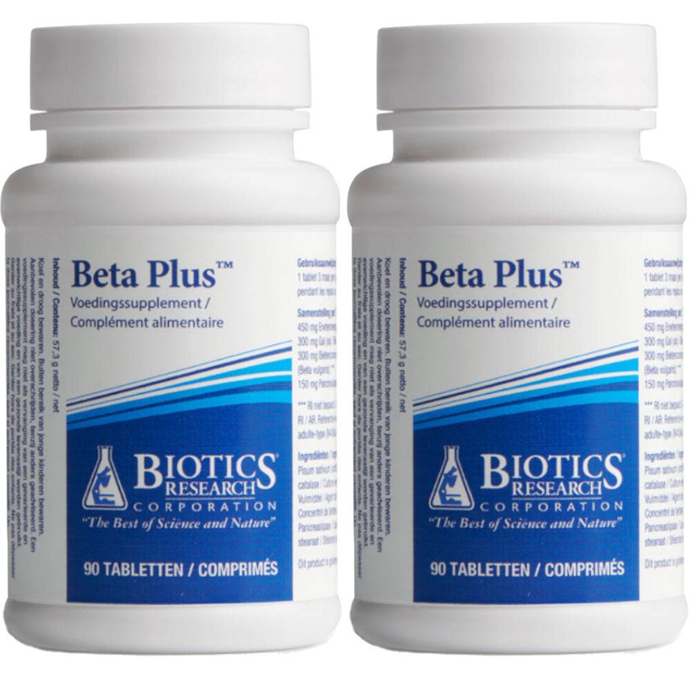 Deux flacons blancs avec bouchon à vis. Inscription Beta Plus, Voedingssupplement/Complément alimentaire, Biotix Research Corporation, 90 Tabletten/Comprimés.