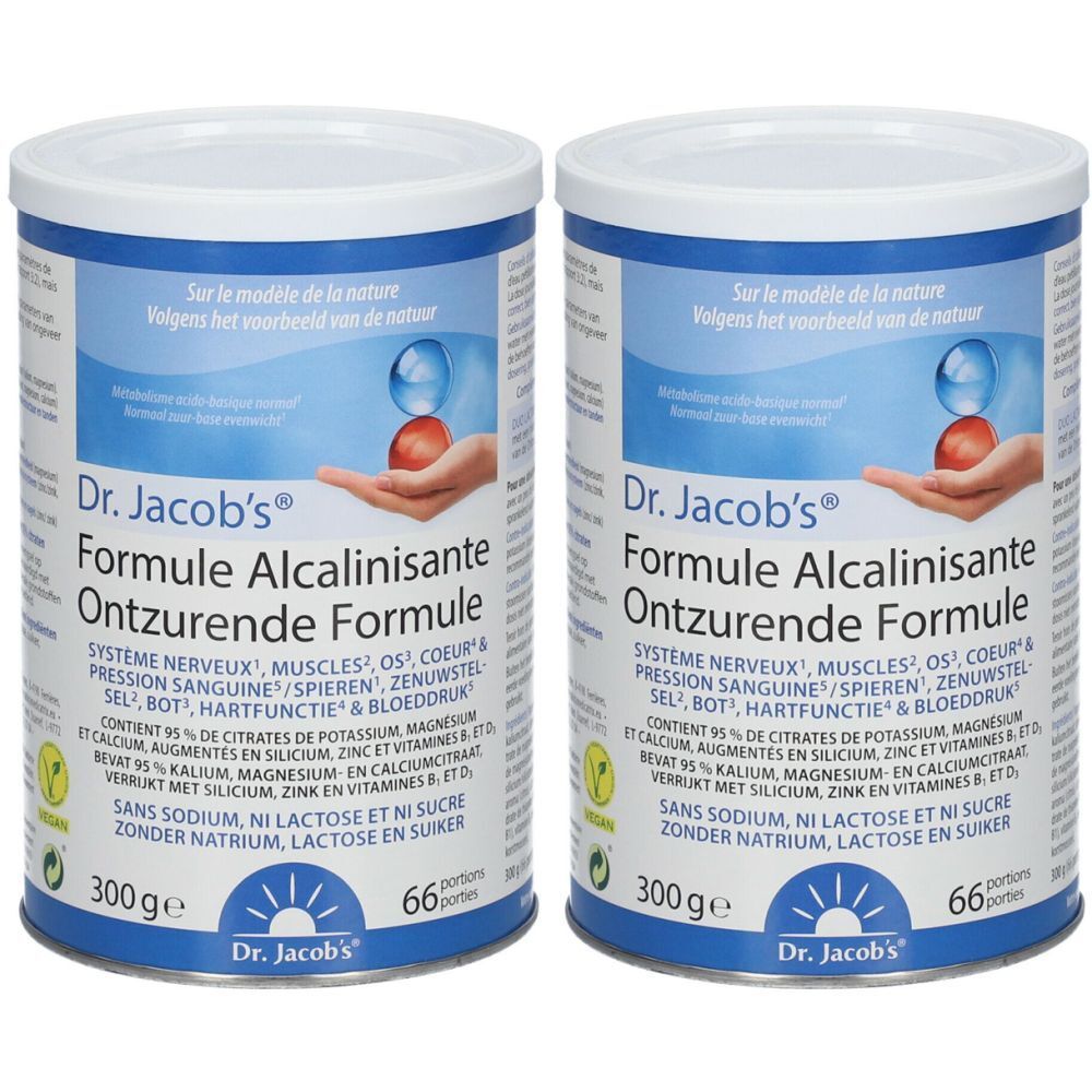 Deux boîtes de Dr. Jacob's® Formule Alcalinisante. Couvercles blancs, étiquettes bleues et blanches. Texte : « Ontzurende Formule ». 300g, 66 portions.
