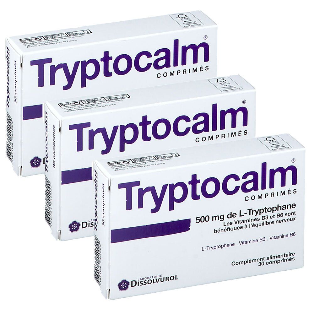 Trois boîtes de Tryptocalm COMPRIMÉS. Une boîte indique : 500 mg de L-Tryptophane, vitamines B3 et B6. Complément alimentaire, 30 comprimés.
