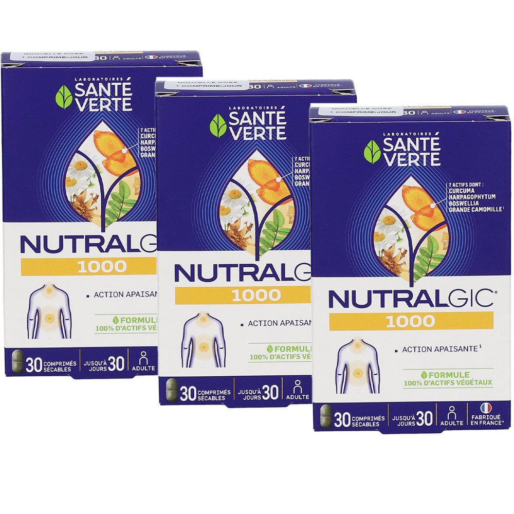 Trois boîtes de Santé Verte Nutralgic 1000. Emballage bleu avec design blanc et jaune. Contient 30 comprimés. Fabriqué en France.