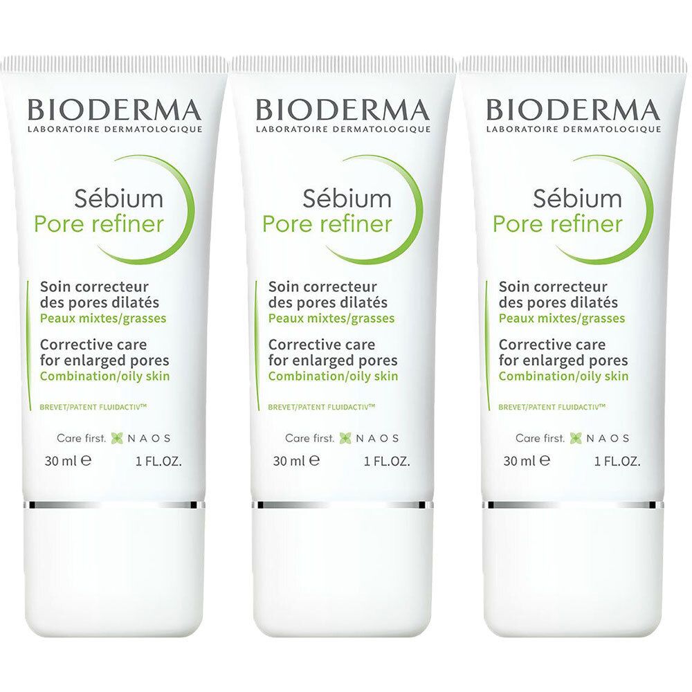 Trois tubes de Bioderma Sébium Pore Refiner. Tubes blancs avec texte et logo verts. Texte : Soin correcteur des pores dilatés.