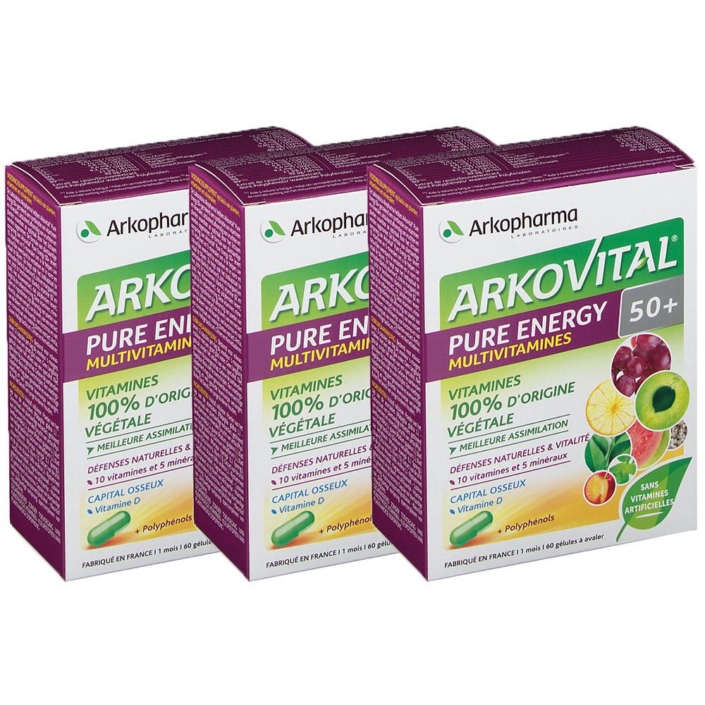 Trois boîtes de ArkoVital Pur'Energie Expert Multivitamine 50+. Inscription : Pure Energy, Multivitamines, 100% d'origine végétale, 50+.