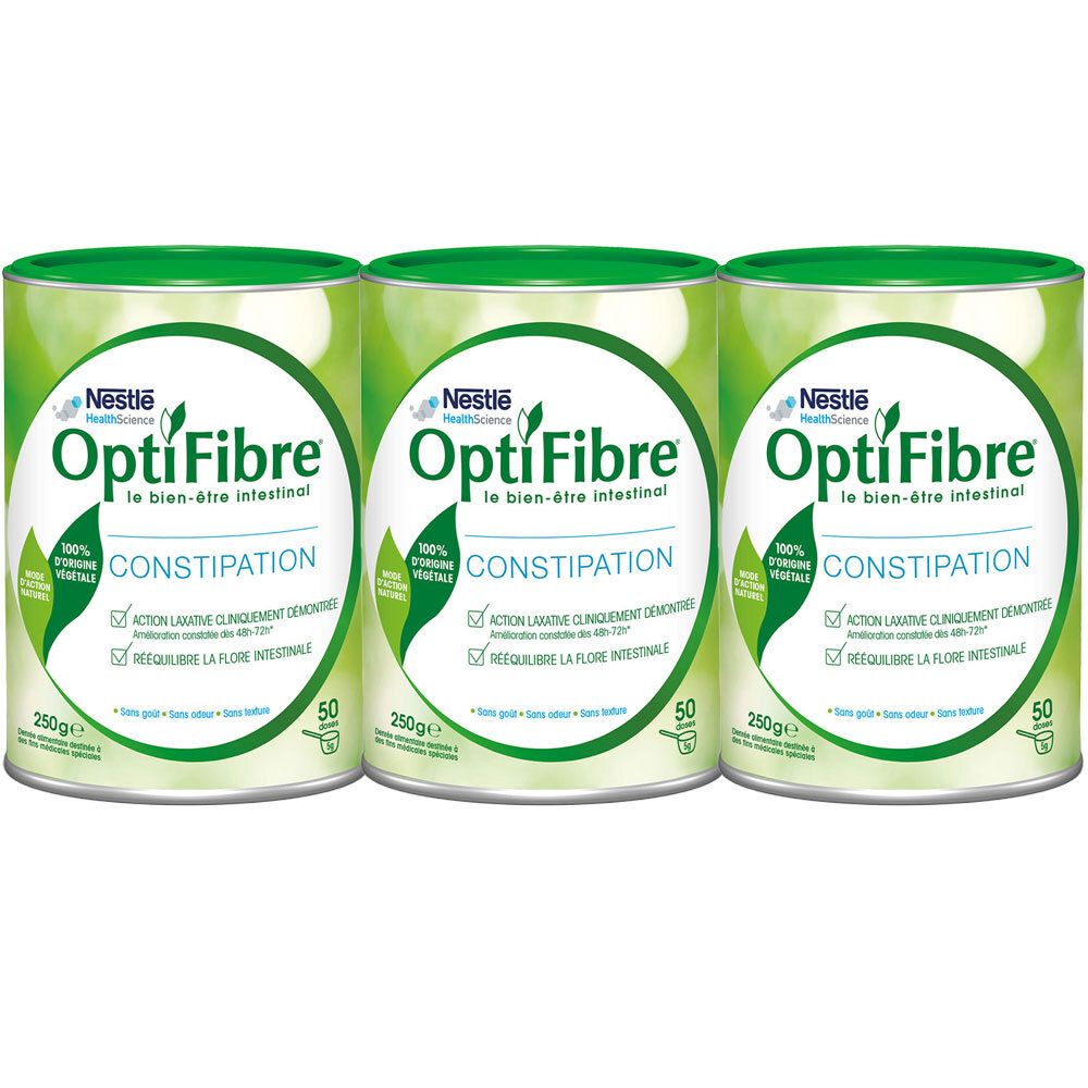Trois boîtes OptiFibre. Étiquettes blanches, couvercles verts. Texte: OptiFibre, Constipation, 100% fibre végétale, 250g.
