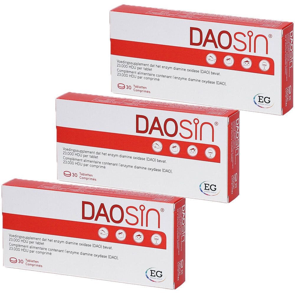 Trois boîtes de DAOSiN®. Emballage rouge et blanc avec nom et texte du produit. Chaque boîte contient 30 comprimés.