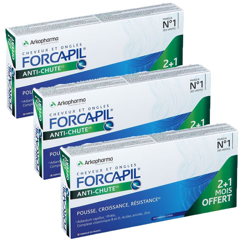 Trois boîtes de FORCAPIL Anti-chute. Inscription : Marque n°1, 2+1 offert. Emballage bleu et blanc avec nom et logo du produit.