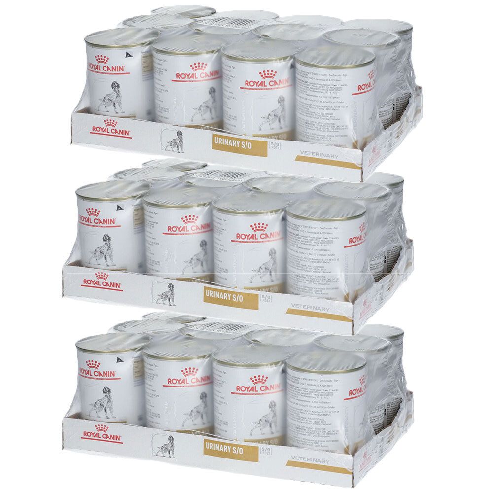 Plusieurs boîtes ROYAL CANIN® Urinary S/O emballées dans des cartons. Film transparent enveloppe les cartons. Nom du produit visible.