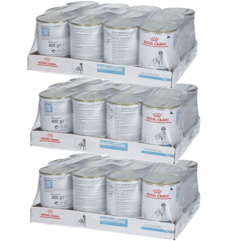 Mehrere Dosen ROYAL CANIN® Hypoallergenic in Verpackung. 400g-Angabe. Sichtbare Aufschrift.