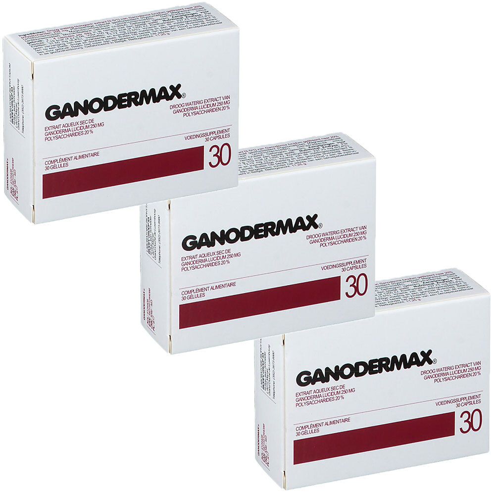 Trois boîtes blanches avec le nom GANODERMAX. Le nombre "30" est visible sur chaque boîte.