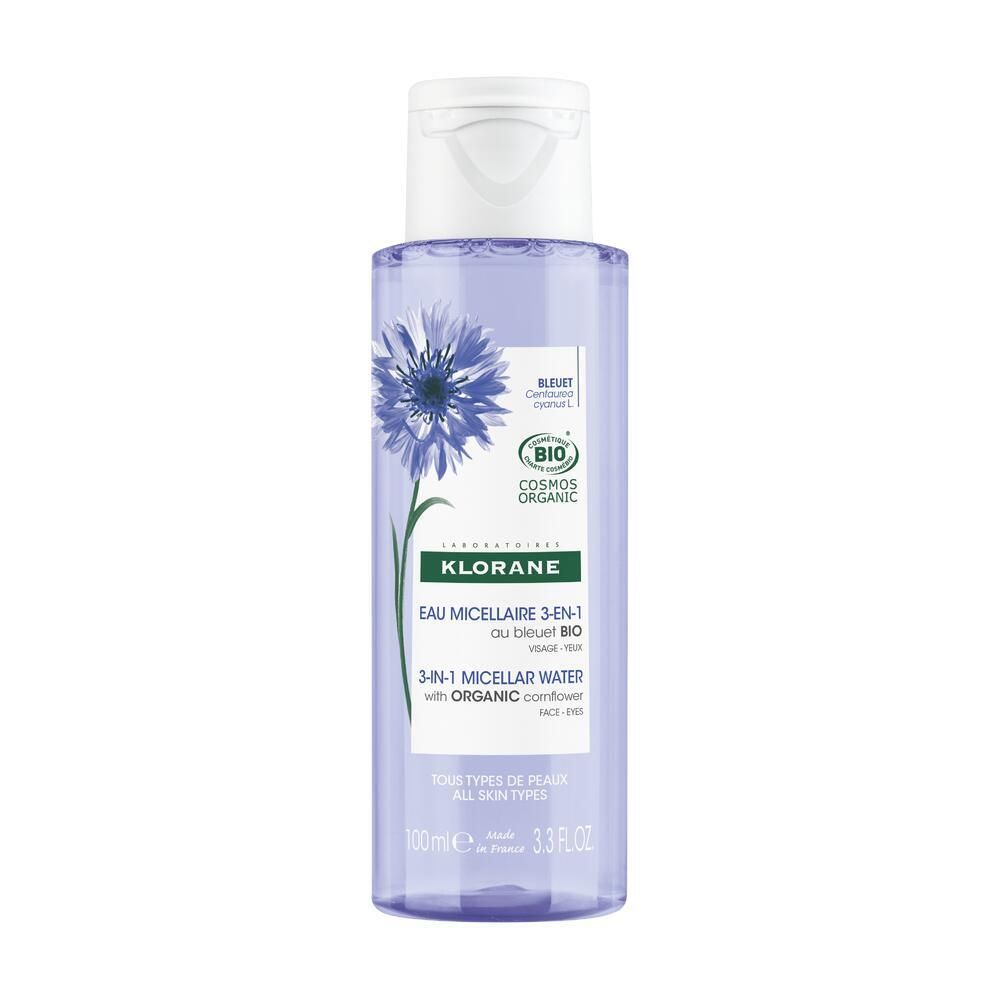Flacon d'eau micellaire Klorane 3-en-1 au bleuet bio. Liquide bleu, bouchon blanc. Label COSMOS ORGANIC.