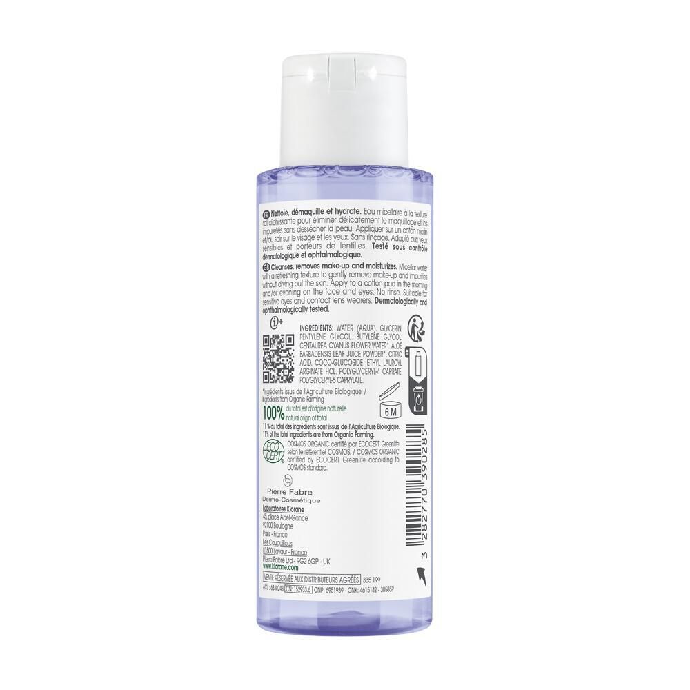 Dos du flacon d'eau micellaire. Texte ingrédients, QR code, labels. Klorane 3-en-1 au bleuet bio.
