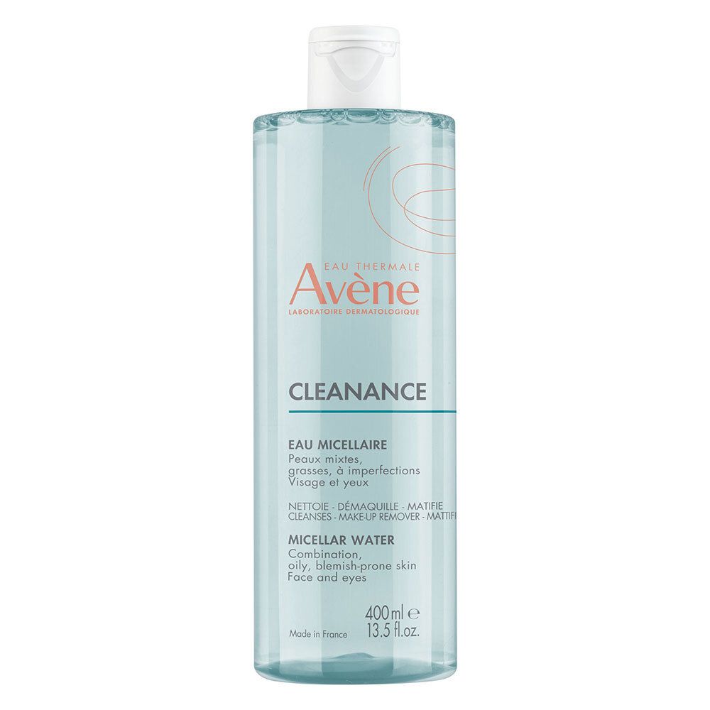 Avène Cleanance Mizellenwasser Flasche. Blau-transparente Flüssigkeit, weißer Deckel, Produktbezeichnung und Marke sichtbar.