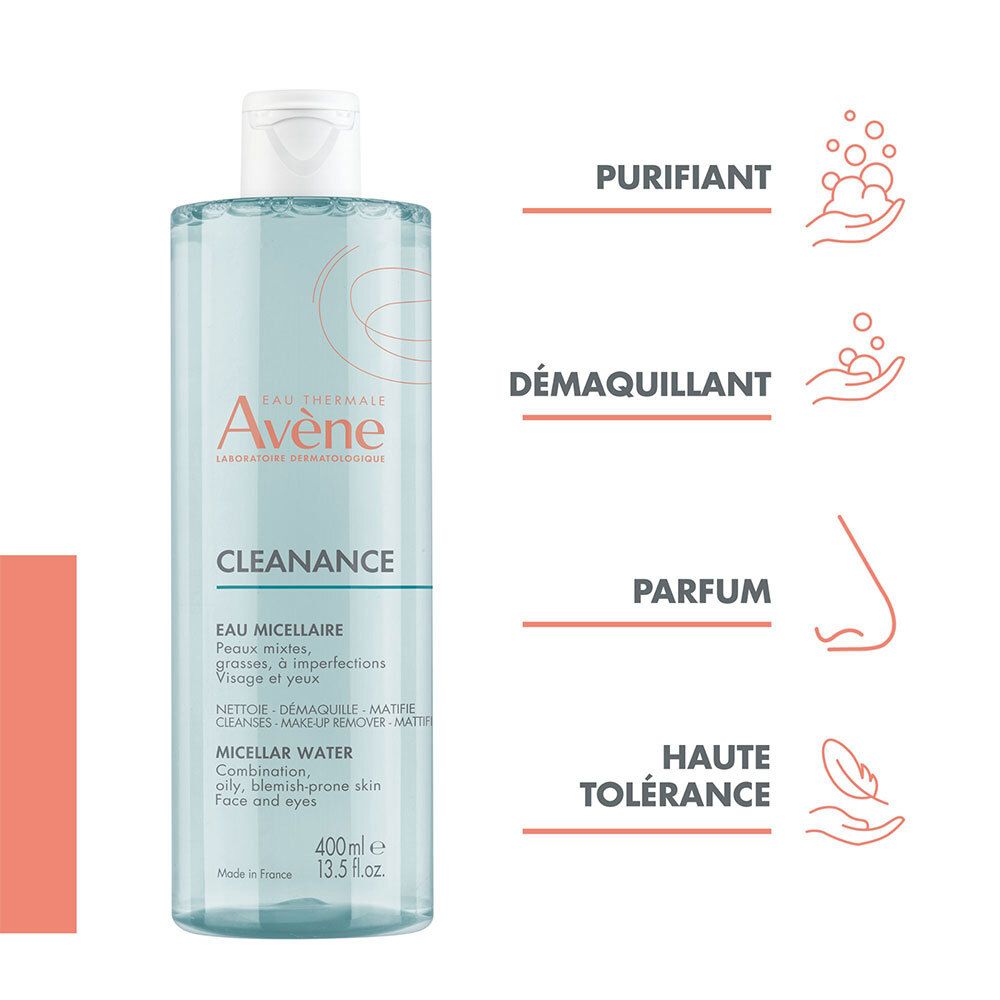 Avène Cleanance Mizellenwasser Flasche mit Icons. Reinigend, Make-up-Entferner, Duft, hohe Verträglichkeit.
