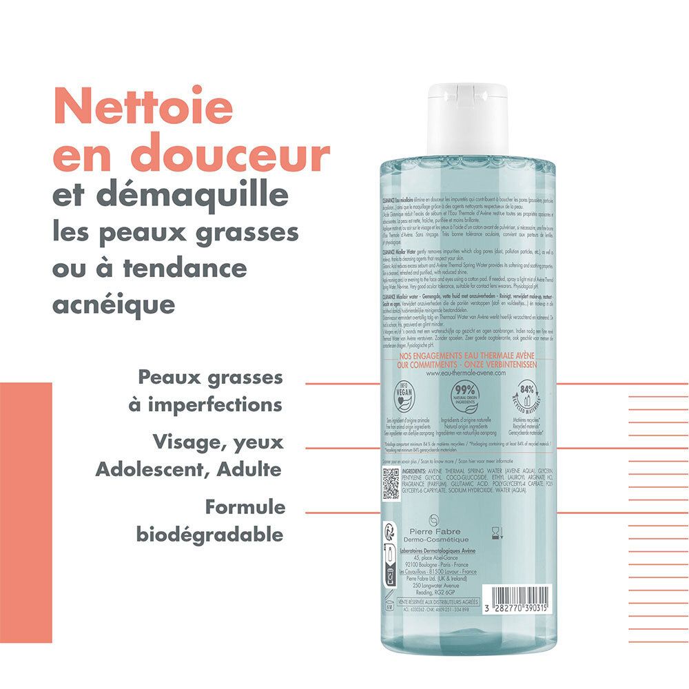 Rückseite der Avène Cleanance Mizellenwasser Flasche. Text: Reinigt sanft, für fettige Haut oder Akne.