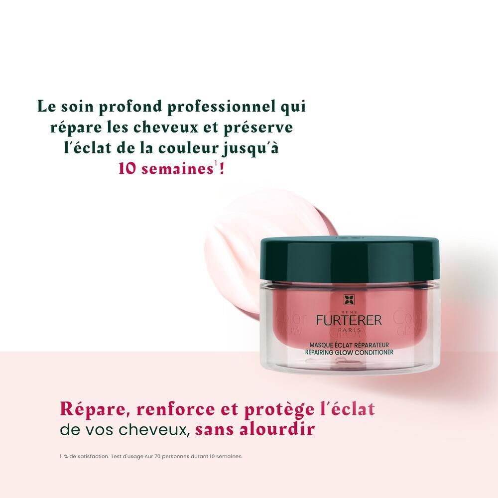 Pot en verre avec contenu rose. Texte: FURTERER, Masque éclat réparateur, Repairing Glow Conditioner. Jusqu'à 10 semaines d'éclat.