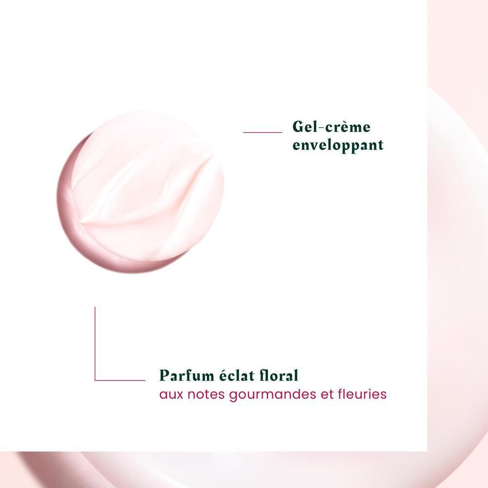 Gel-crème rose. Texte: Parfum éclat floral aux notes gourmandes et fleuries.