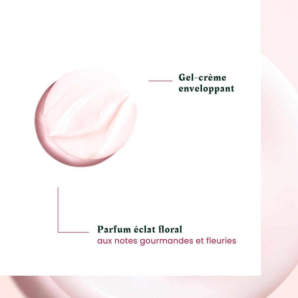 Gel-crème rose. Texte: Parfum éclat floral aux notes gourmandes et fleuries.