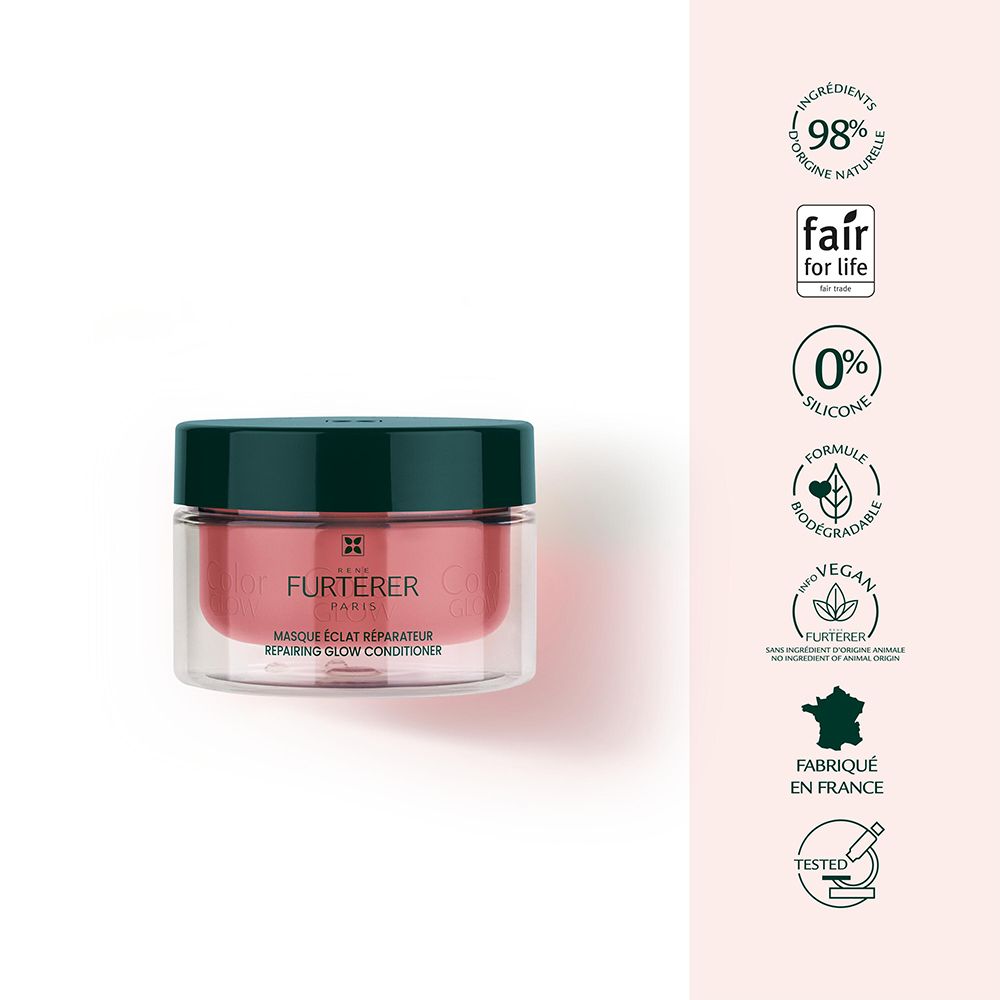 Pot en verre avec contenu rose. Texte: FURTERER, Masque éclat réparateur, Repairing Glow Conditioner. Labels de qualité.