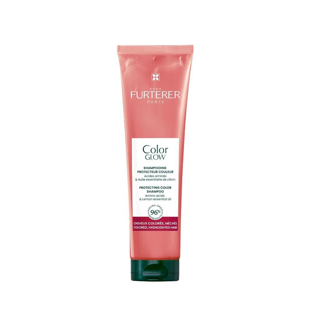 Tube rose avec bouchon vert. Texte: FURTERER PARIS, Color Glow, Shampooing protecteur couleur. Pour cheveux colorés.