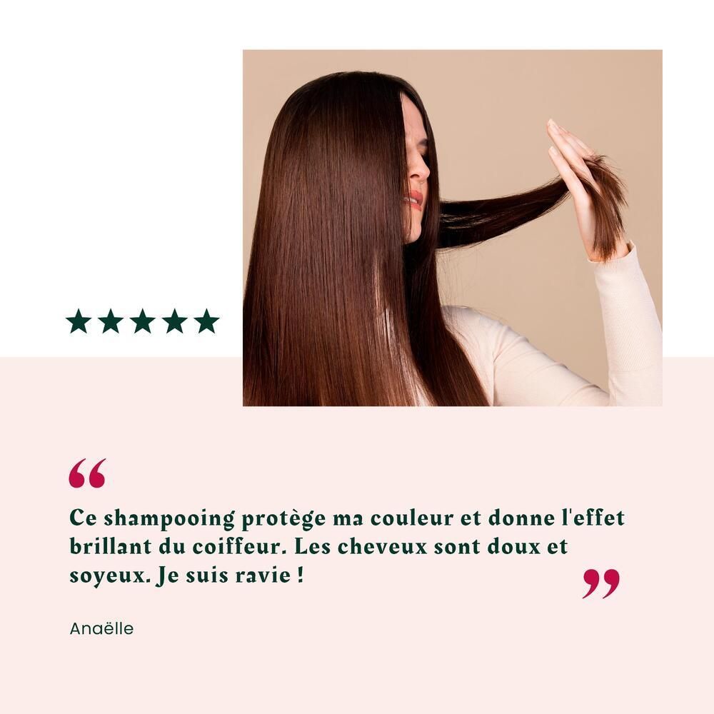Femme aux cheveux bruns brillants. Citation: « Ce shampooing protège ma couleur et donne l'effet brillant du coiffeur. »