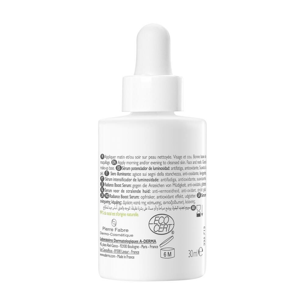 Dos du flacon de sérum A-DERMA Biologie Energy C. Texte multilingue. Certifications.