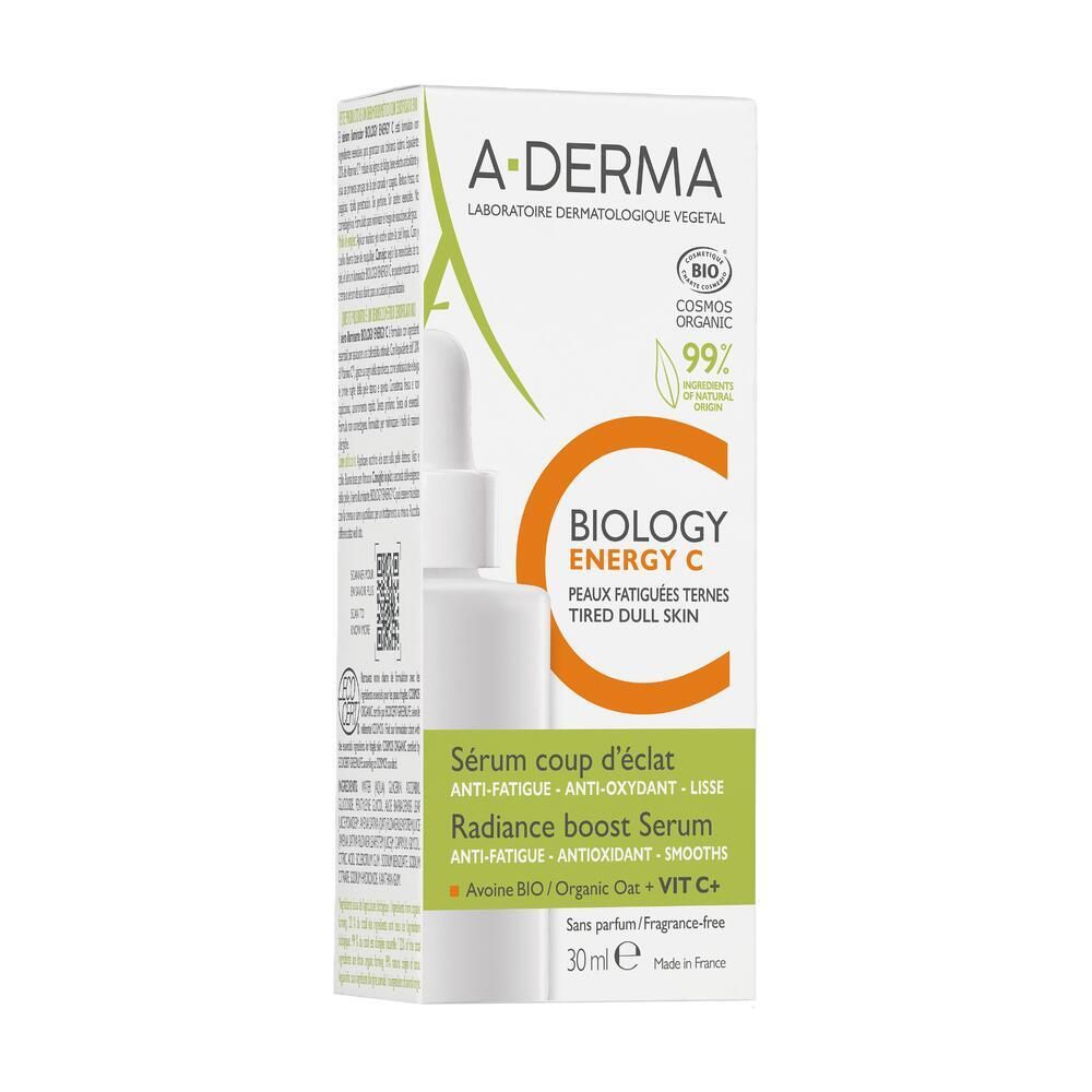 Sérum A-DERMA Biologie Energy C en emballage. Flacon blanc et boîte. Texte et logo.