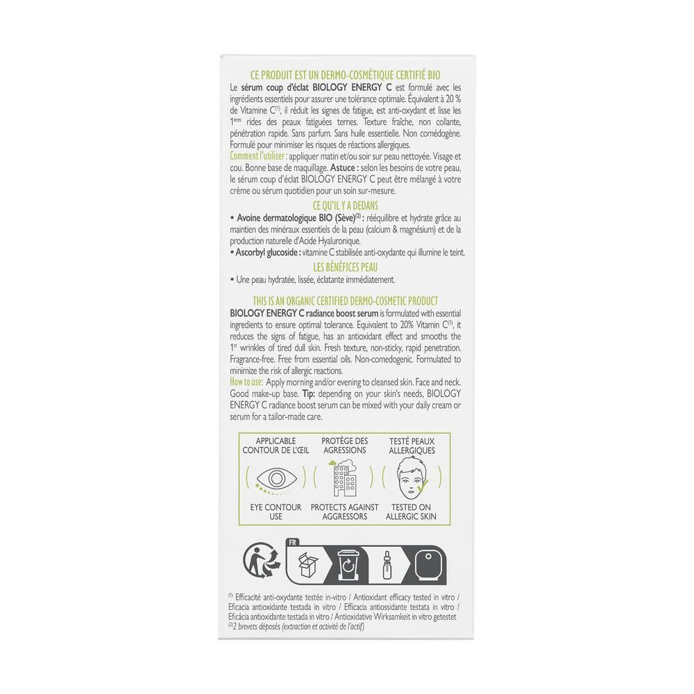 Texte sur l'emballage du sérum A-DERMA Biologie Energy C. Informations et symboles.
