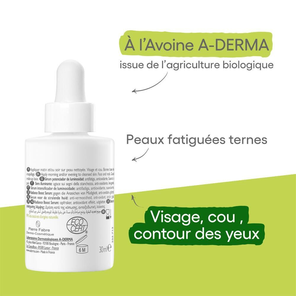 Flacon de sérum A-DERMA Biologie Energy C. Texte avec Avoine A-DERMA. Peaux fatiguées. Visage, cou, yeux.