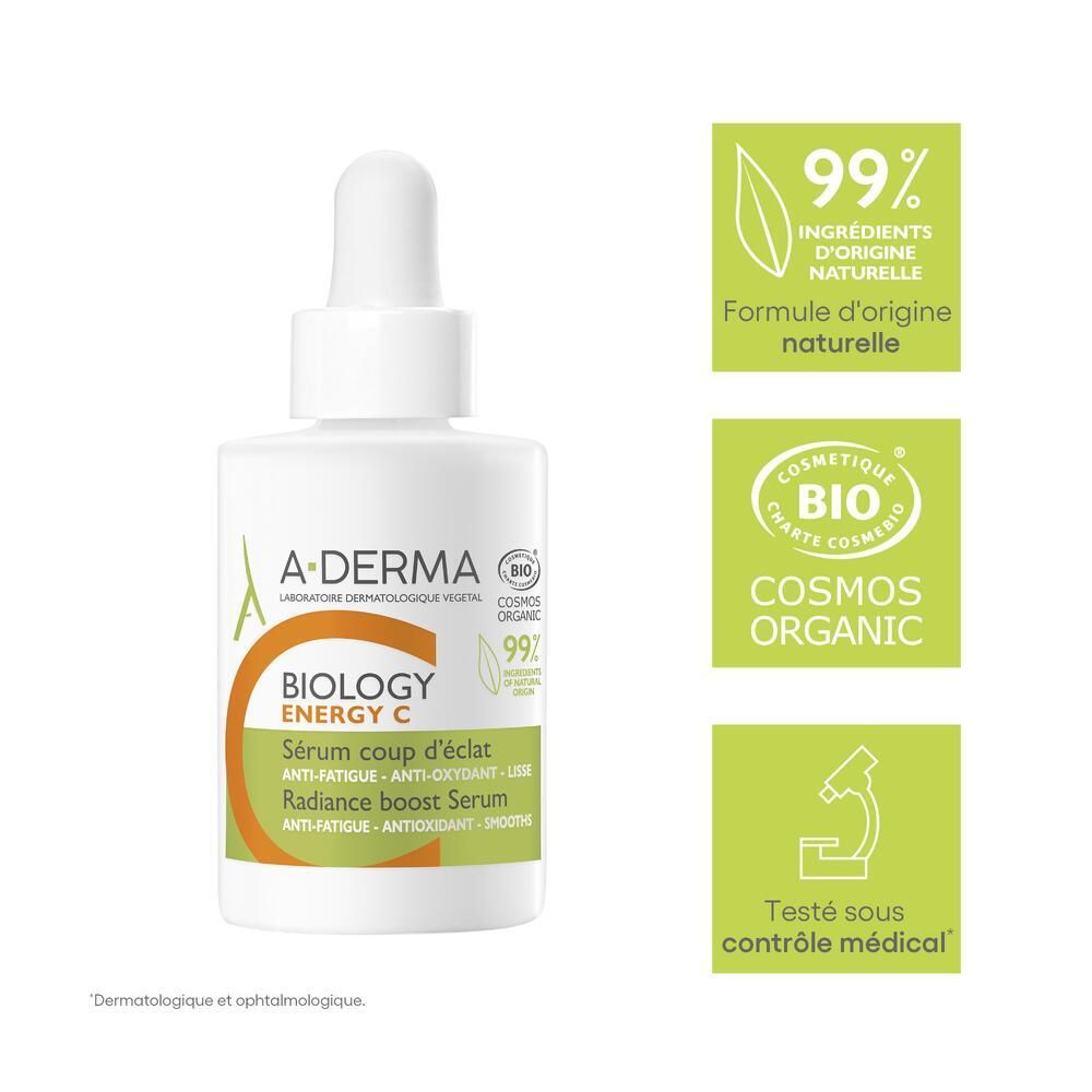 Sérum A-DERMA Biologie Energy C. Flacon blanc avec pipette. Logos et certifications.