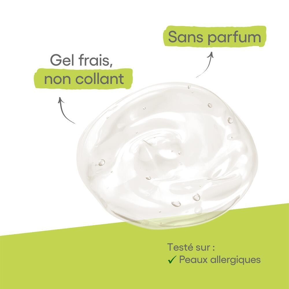 Texture gel fraîche, non collante. Texte : Sans parfum. Testé sur peaux allergiques.