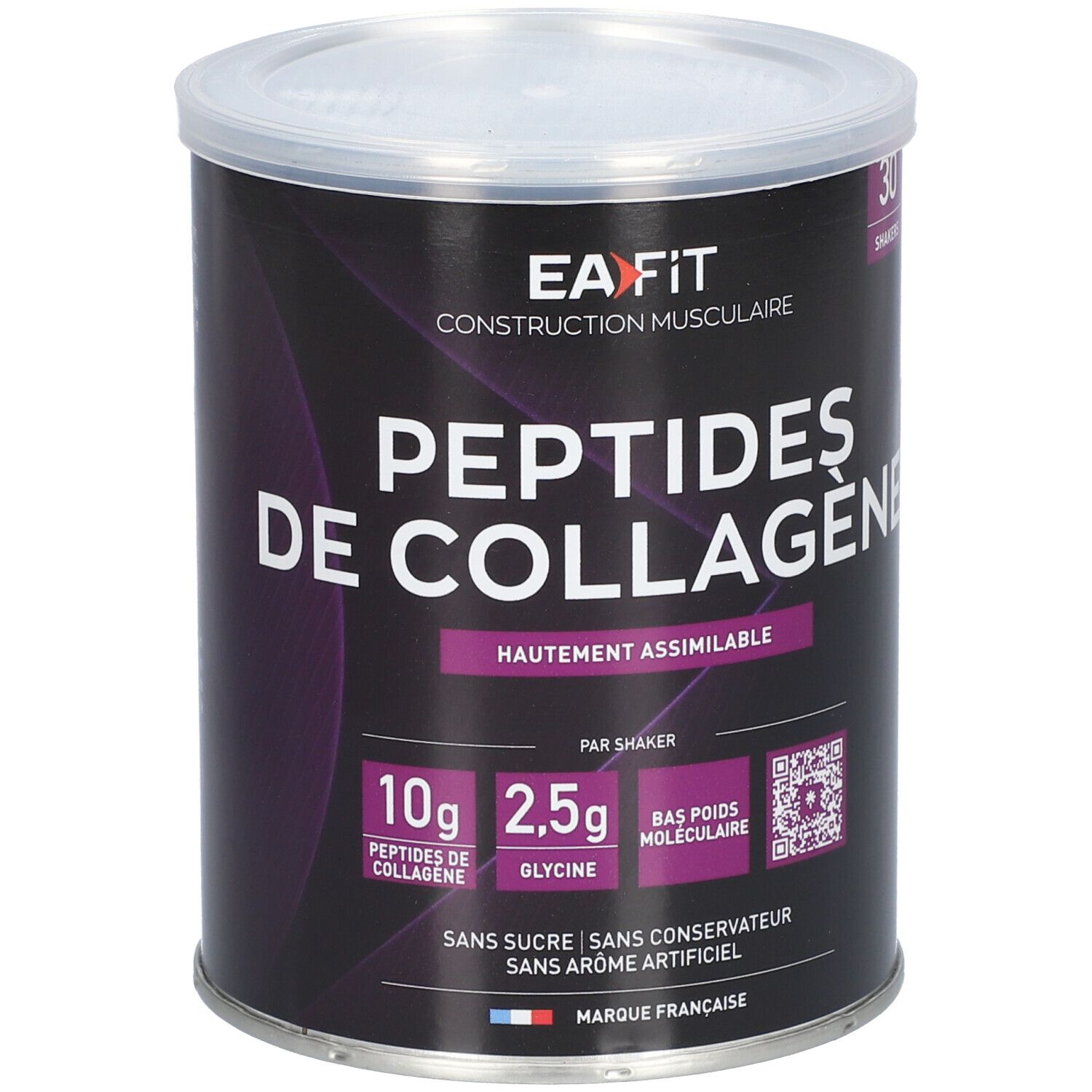 Zylinderdose mit Deckel. Aufschrift: EA-FIT, Peptides de Collagène, 10g Kollagen, 2,5g Glycin. 30 Portionen. Französische Marke.