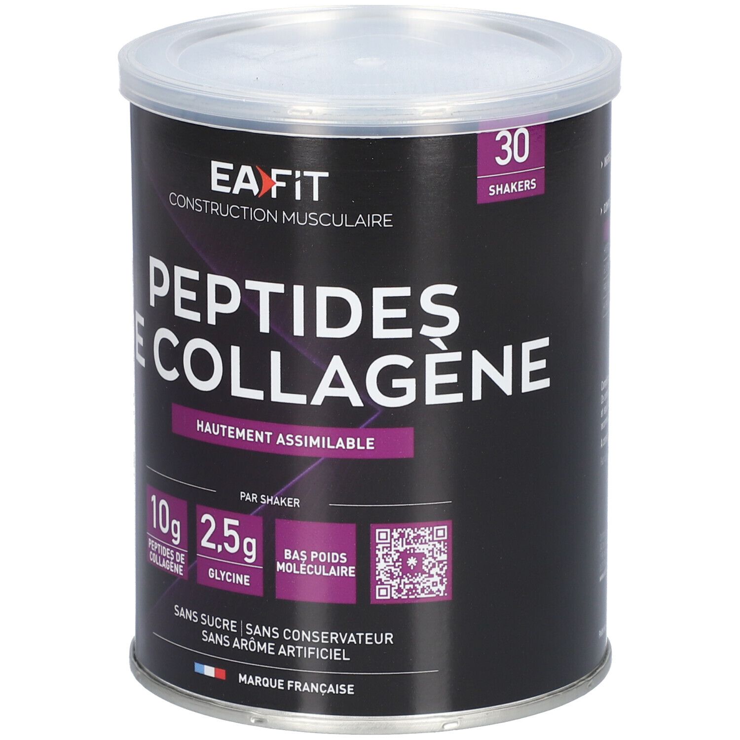 Zylinderdose mit Deckel. Aufschrift: EA-FIT, Peptides de Collagène, 10g Kollagen, 2,5g Glycin. 30 Portionen. Französische Marke.